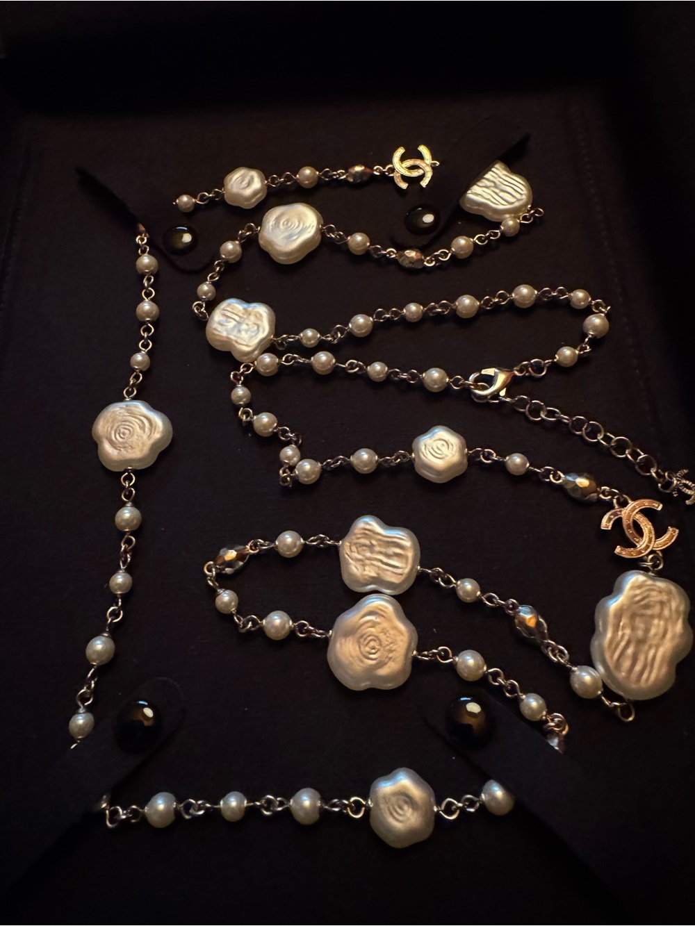 2025 Pearl Crystal Camellia CC Long Necklace